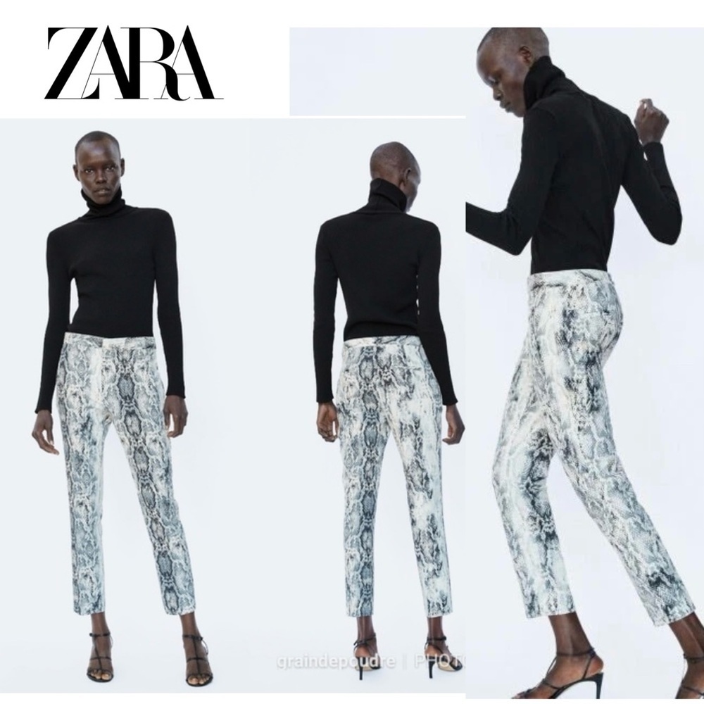 Zara animal snake print slim fit ankle pants gray ivory white Sz S